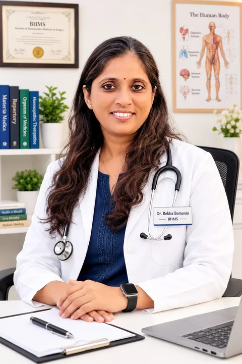 Dr. Rekha Bamania at her consulting desk, with her B.H.M.S. certificate and homeopathic reference books behind her