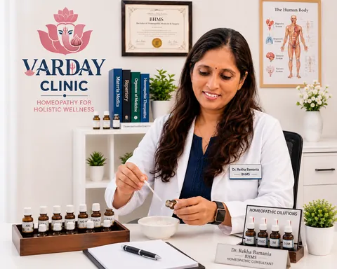 Dr. Rekha Bamania dispensing homeopathic globules from a labelled remedy bottle at the clinic