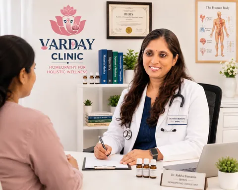 Dr. Rekha Bamania taking a case at her consulting desk at Varday Clinic, Vadodara, her B.H.M.S. certificate on the wall behind her