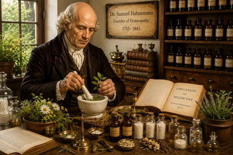 Dr. Samuel Hahnemann, founder of homeopathy, preparing a remedy with mortar and pestle beside his Organon of Medicine, 1810, and labelled bottles of Aconitum napellus and Belladonna globules