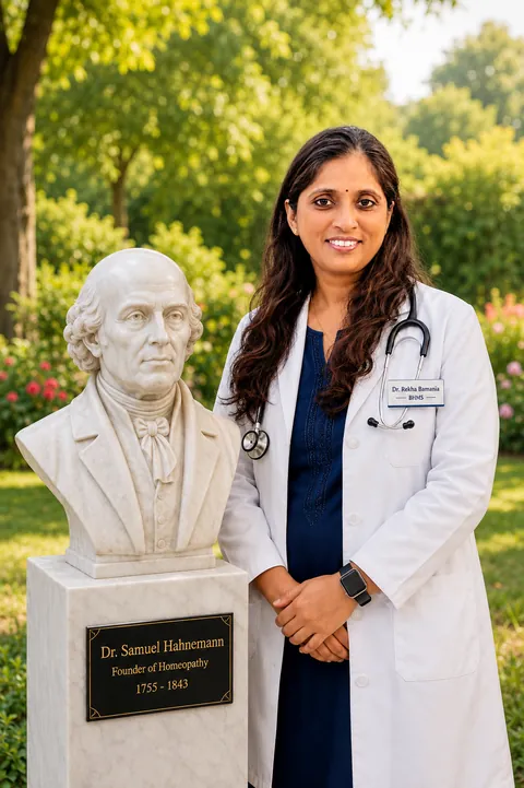 Dr. Rekha Bamania, B.H.M.S., beside a marble bust of Dr. Samuel Hahnemann, founder of homeopathy, 1755–1843