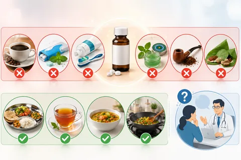 What to avoid around a dose — coffee, mint toothpaste, camphor balm, tobacco and paan — and what is fine: ordinary meals, tea, dal and cooked vegetables. Ask at the clinic if unsure.