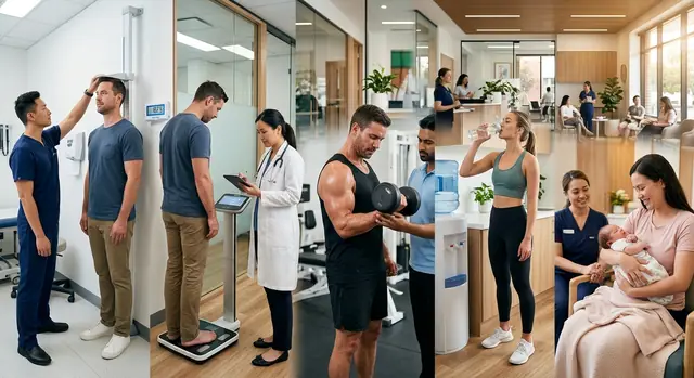 Five clinic scenes: a height measurement, a weighing scale, a dumbbell lift, a drink of water, and a mother holding her newborn.