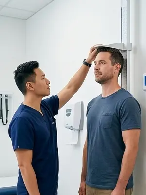 A clinician measuring the height of a standing man against a wall-mounted scale.