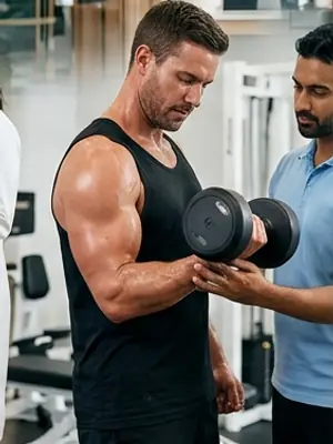 A man lifting a dumbbell in a gym, watched by a trainer.