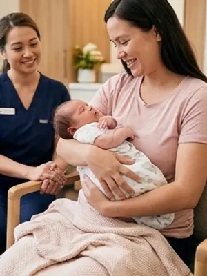 A mother seated holding her newborn baby, with a nurse beside her.