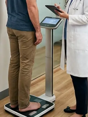 A man standing on a digital weighing scale while a doctor notes the reading.