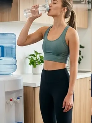 A woman drinking a glass of water beside a water dispenser.